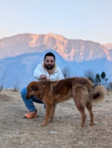 Hardeep petting a mountain dog on a trek